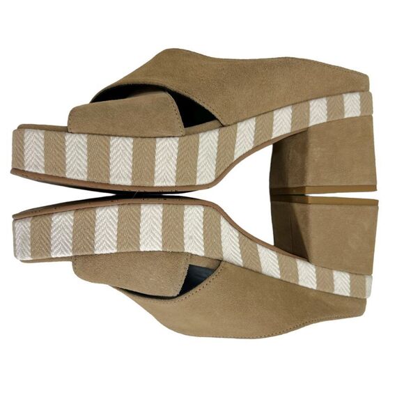 Brenda Zaro Square Toe Tan & White Striped Platform Suede Block Heel Sandals - Picture 6 of 12